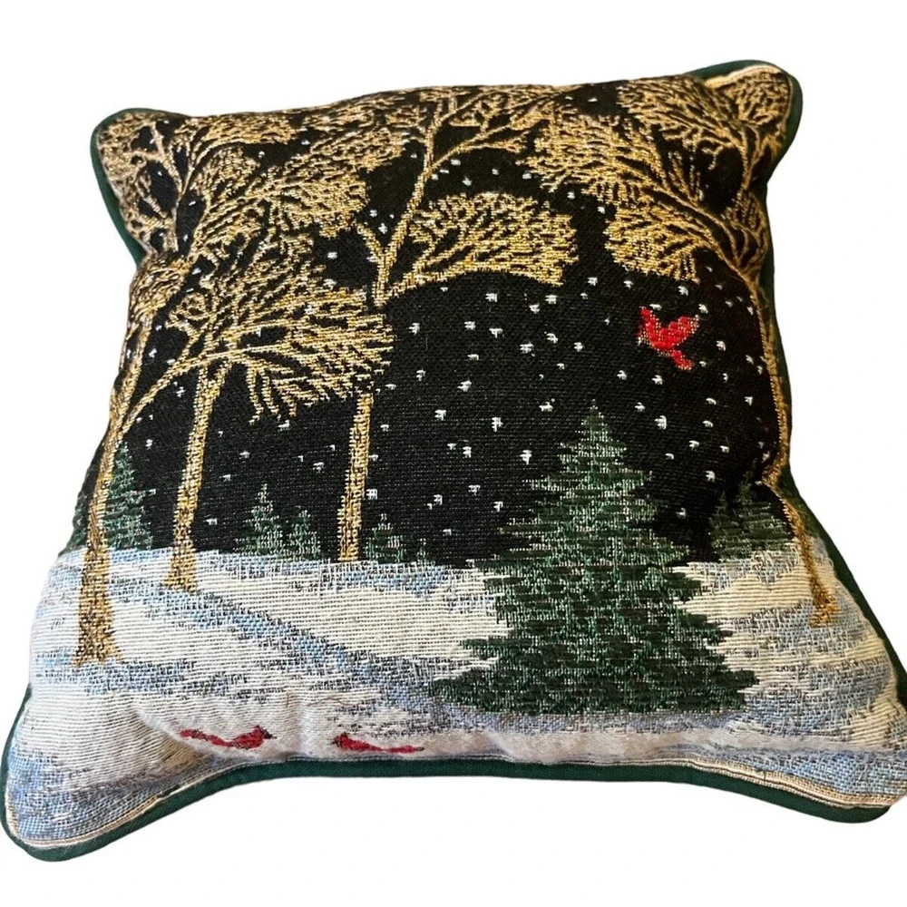 Embroidered Winter Scene Christmas Cardinal Gold Thread Trees Throw Pillow
